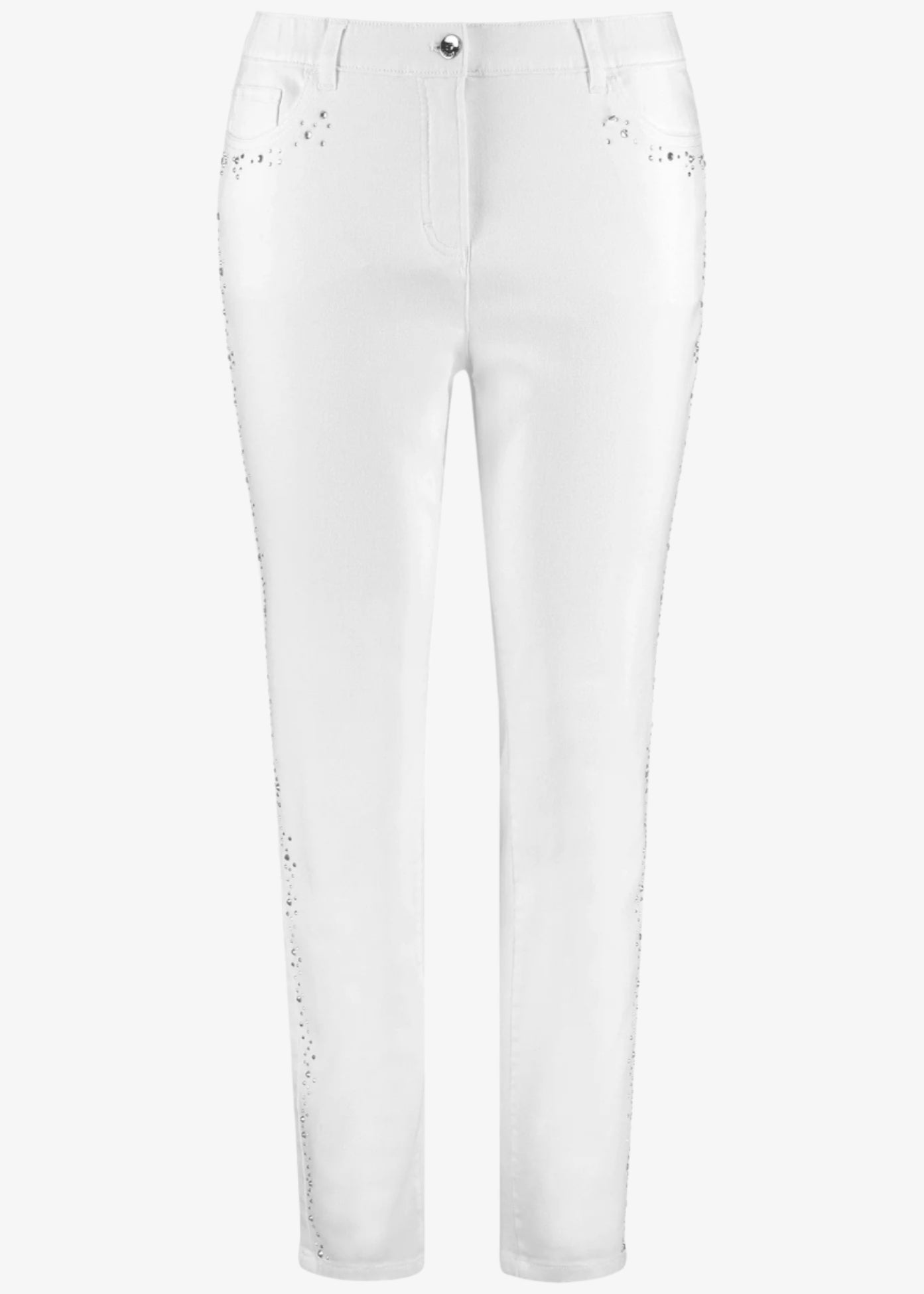front view of plus size Samoon Stretch Slim Leg Betty Jean with embellished sides in White