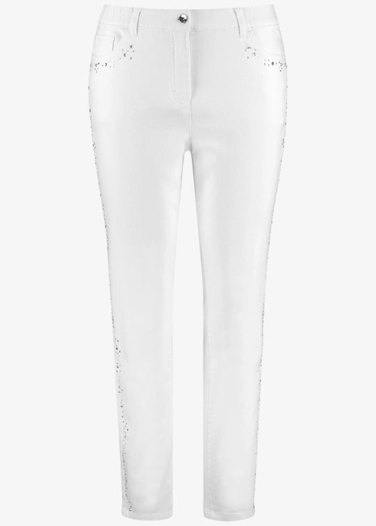 front view of plus size Samoon Stretch Slim Leg Betty Jean with embellished sides in White