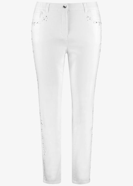 front view of plus size Samoon Stretch Slim Leg Betty Jean with embellished sides in White