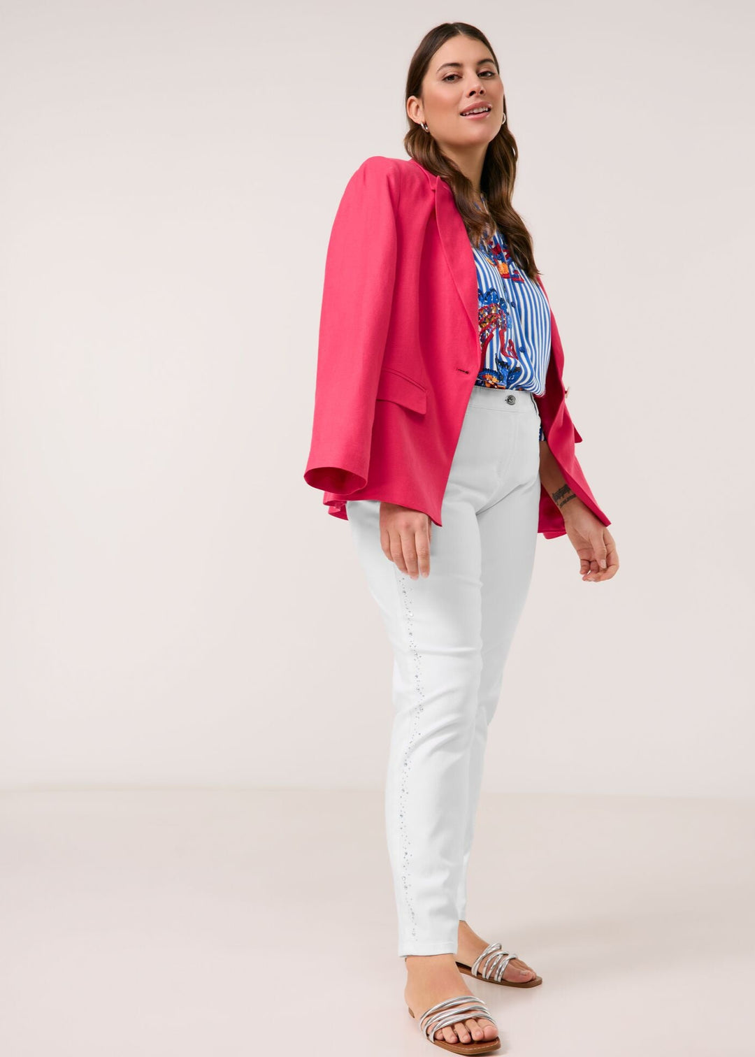 front view of plus size Samoon Stretch Slim Leg Betty Jean with embellished sides in White