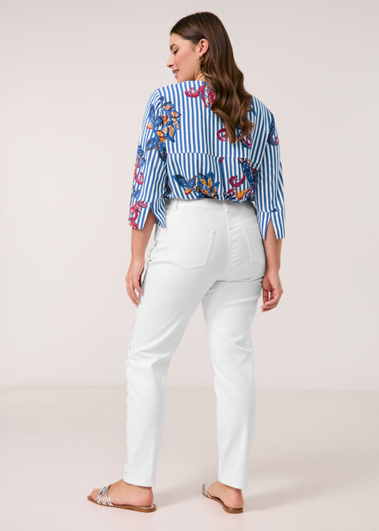 back view of plus size Samoon Stretch Slim Leg Betty Jean with embellished sides in White