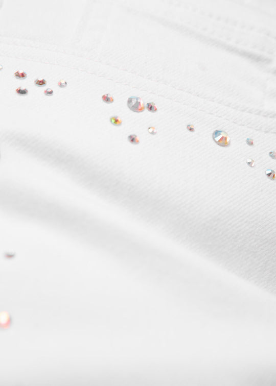 close up front view of plus size Samoon Stretch Slim Leg Betty Jean with embellished sides in White