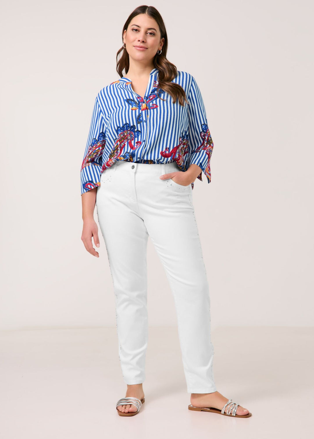 front view of plus size Samoon Stretch Slim Leg Betty Jean with embellished sides in White