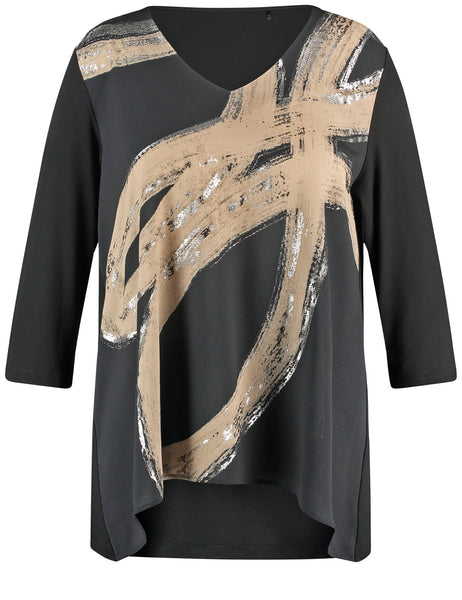 Samoon 3/4 Sleeve Top with Abstract Print Front and Jersey Back in Blk Print