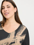 Samoon 3/4 Sleeve Top with Abstract Print Front and Jersey Back in Blk Print