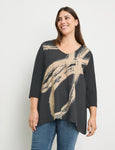 Samoon 3/4 Sleeve Top with Abstract Print Front and Jersey Back in Blk Print