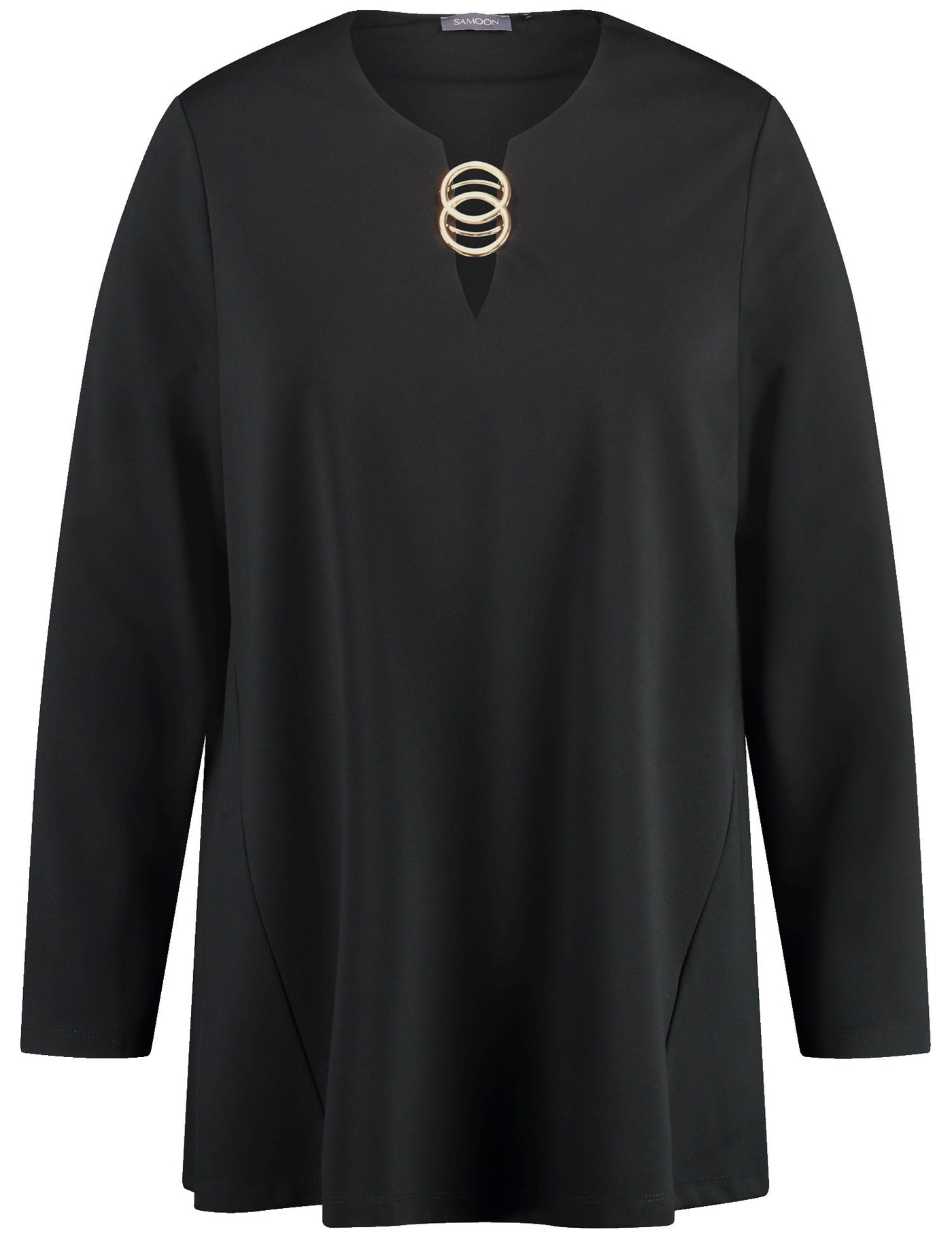 Samoon Long Sleeve Tunic with Hardware Detail on Neckline in Black