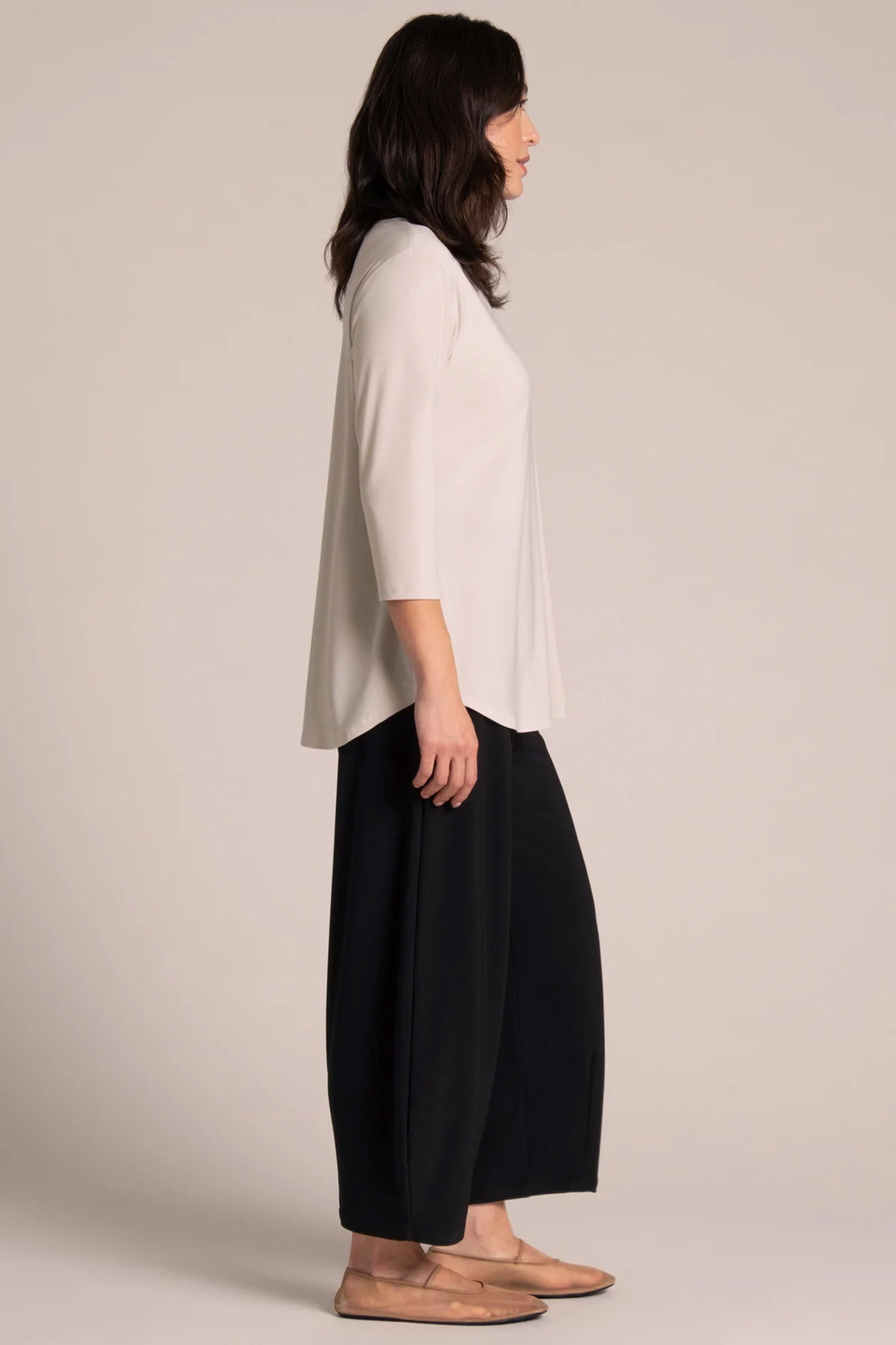 Women's cashew-beige relaxed T-shirt with side drape, three-quarter sleeves
