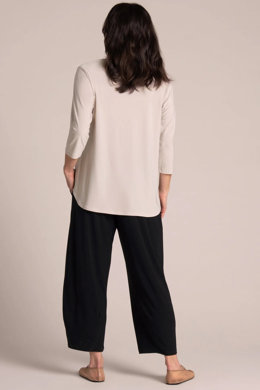 Women's relaxed drape T-shirt in cashew-beige, three-quarter sleeves (back)