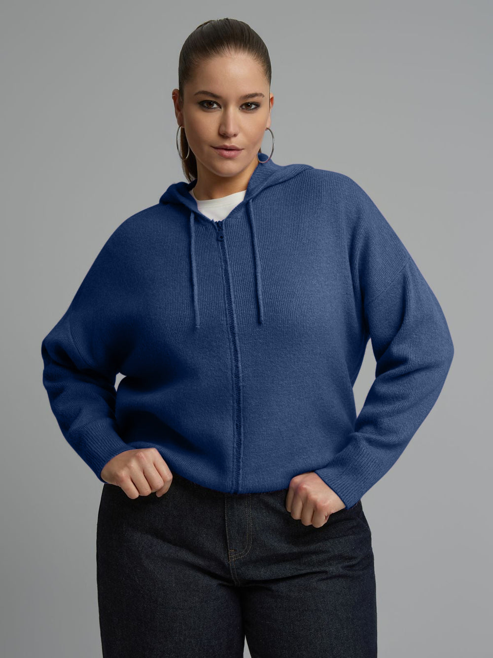 Indigo knit zip-front hoodie with hood and long sleeves, front view