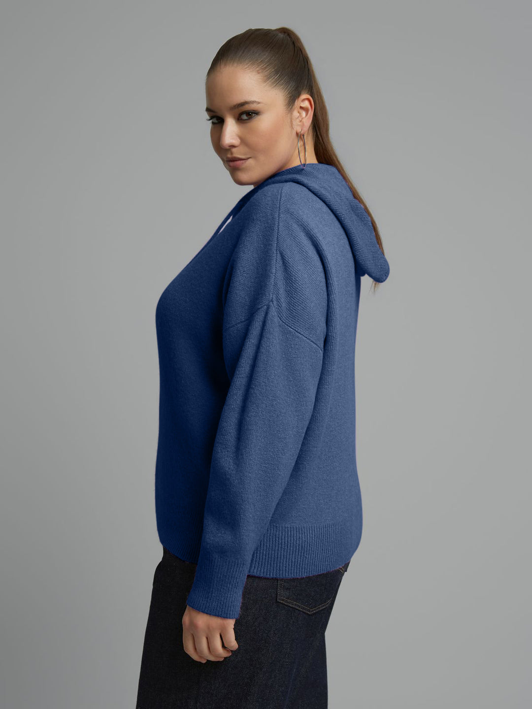 Indigo knit zip-front hoodie with hood and long sleeves