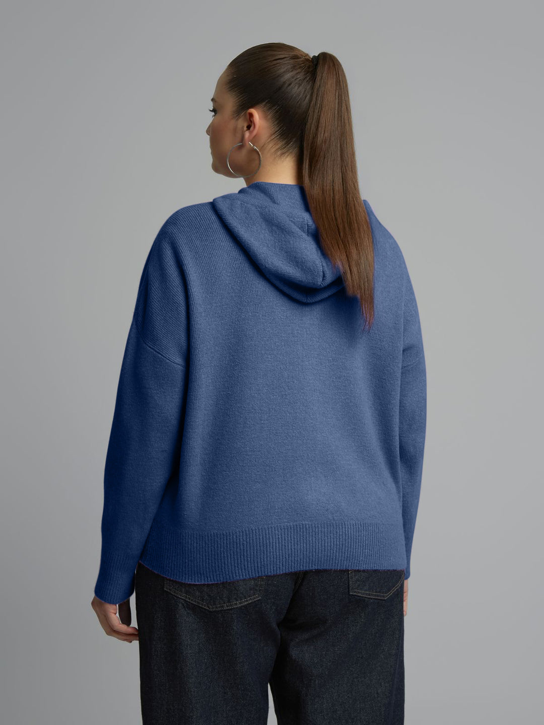 Indigo knit zip-front hoodie with hood, back view