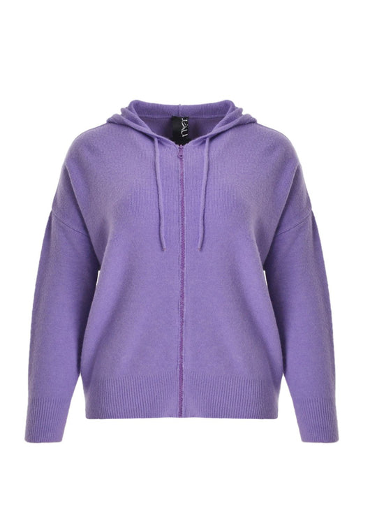 Lilac knit full-zip hoodie with hood, drawstrings, and front pocket
