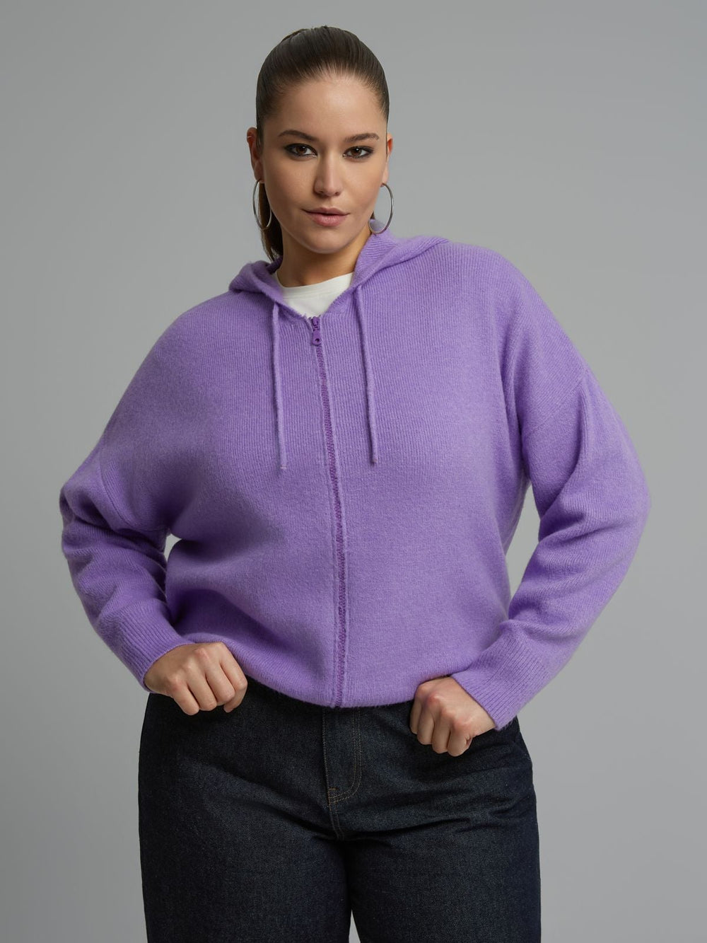 Lilac knit zip hoodie with hood, drawstrings, and front kangaroo pockets