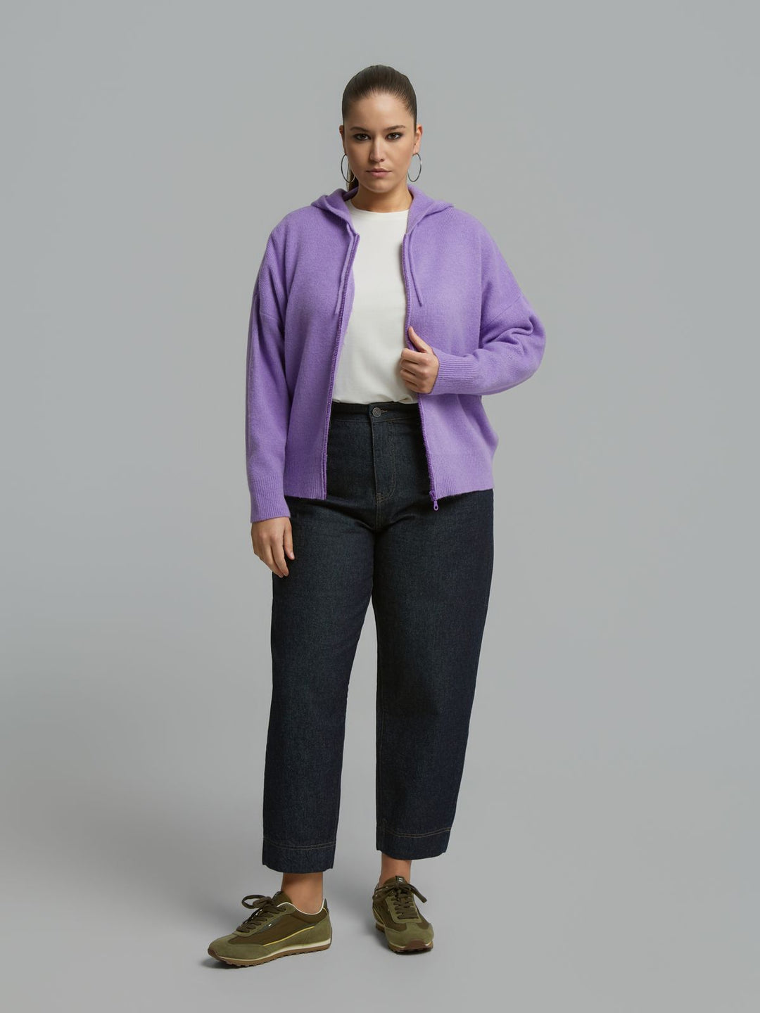 Lilac knit full-zip hoodie with hood and kangaroo pocket