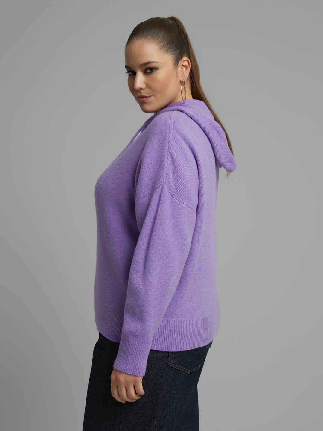 Lilac knit zip hoodie with hood, side profile, long sleeves
