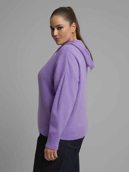 Lilac knit zip hoodie with hood, side profile, long sleeves