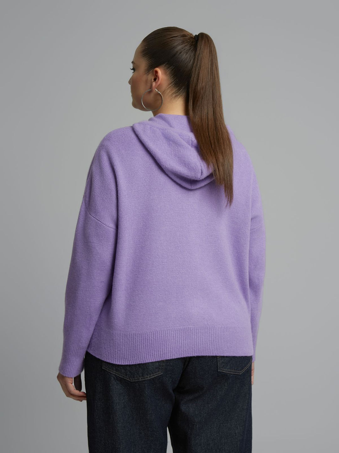 Lilac knit hoodie with hood and full-length sleeves, shown from the back