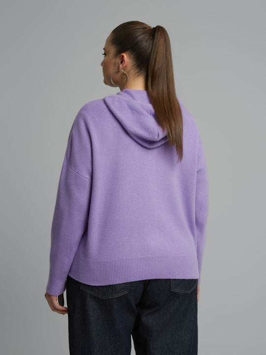 Lilac knit hoodie with hood and full-length sleeves, shown from the back