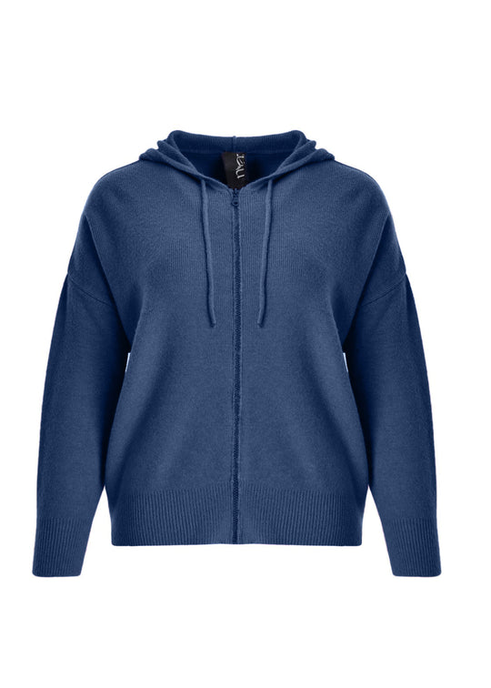 Indigo knit zip-front hoodie with hood and drawcord, front view