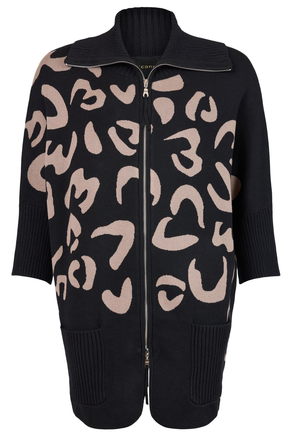 I'cona Ribbed Collar Abstract Print Oversize Cardigan in Black