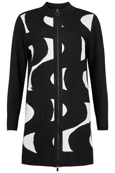 I'Cona Long Zip Swirl Print Knit Cardigan in Black/Wht