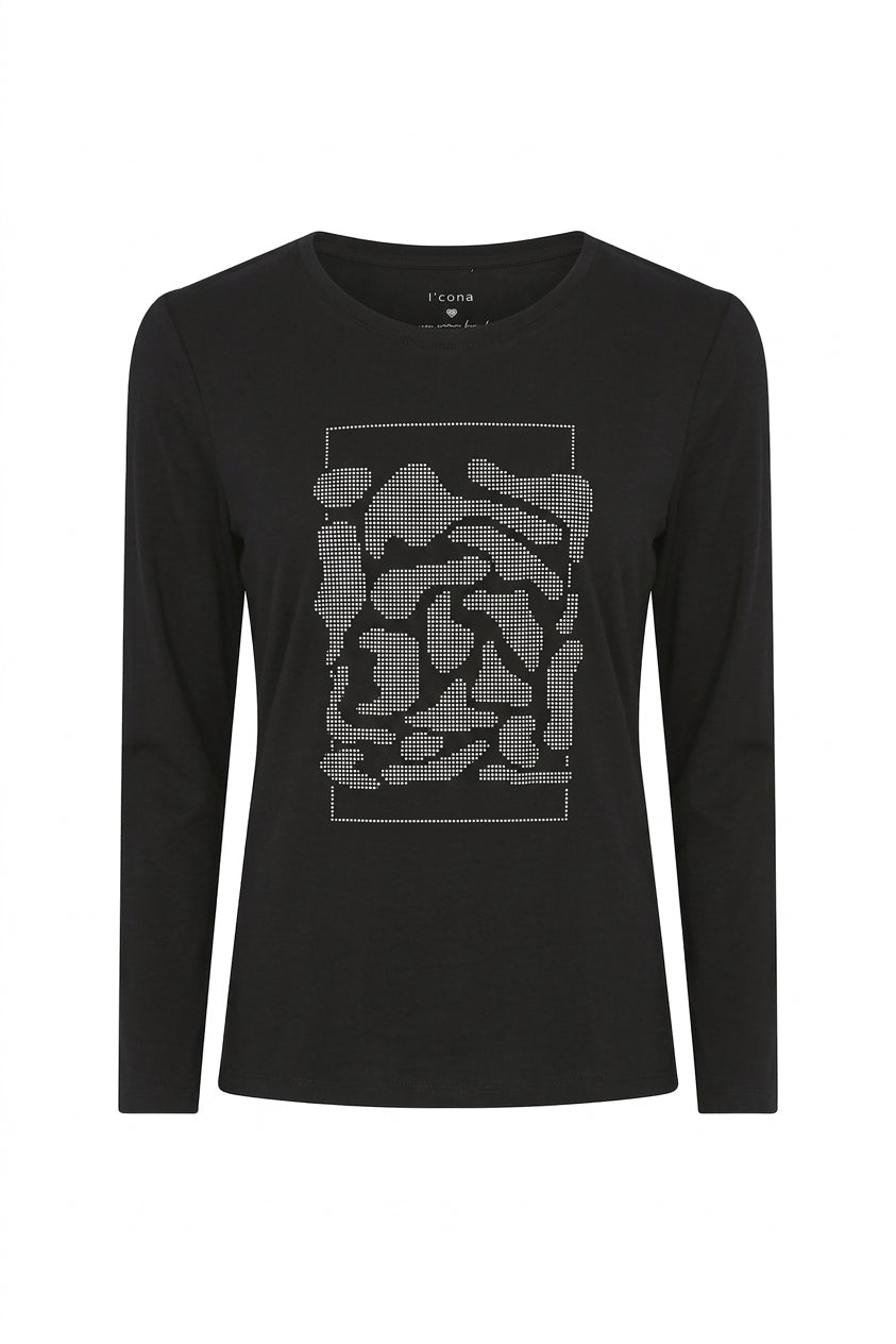 Long-sleeve cotton tee in dark black with animal print motif on front