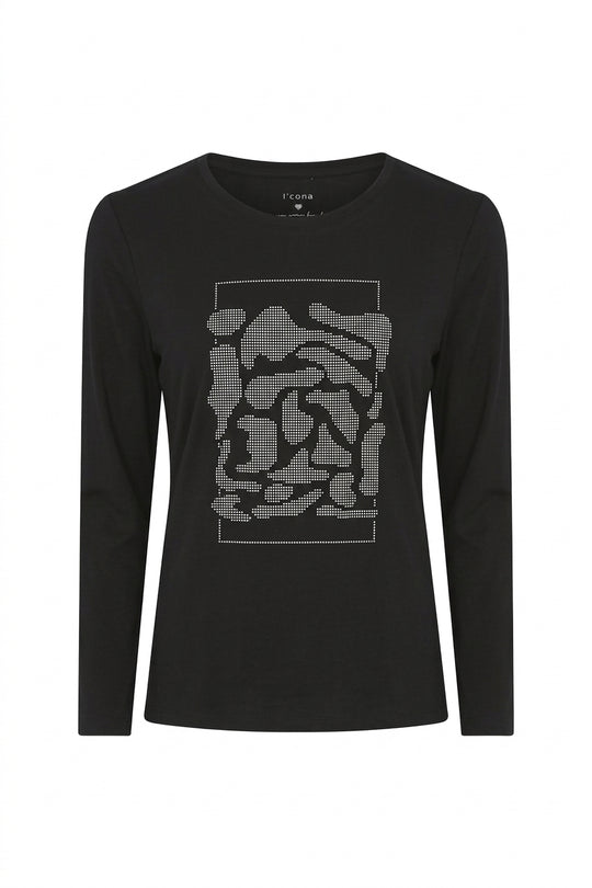 Long-sleeve cotton tee in dark black with animal print motif on front