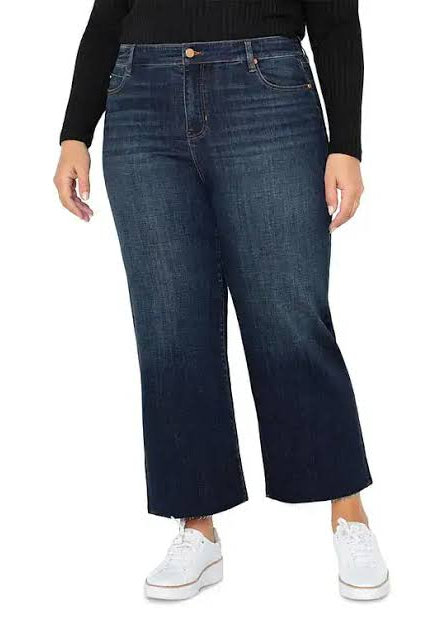 Dark blue high-rise crop wide-leg jeans with button waistband and belt loops