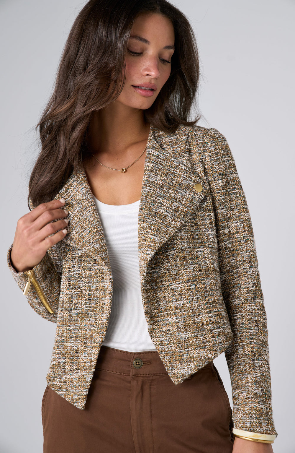 Gold multi tweed collarless moto jacket with zip front, cropped hem, long sleeves