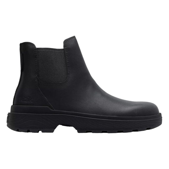 Black Chelsea boot angled side view with thick sole and elastic gore panel