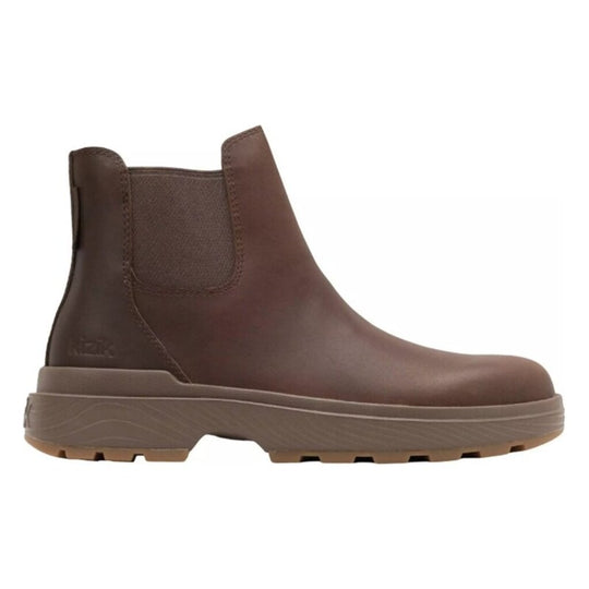 Kizik Sierra Chelsea boot in dark brown, side profile with elastic gore and rugged sole.