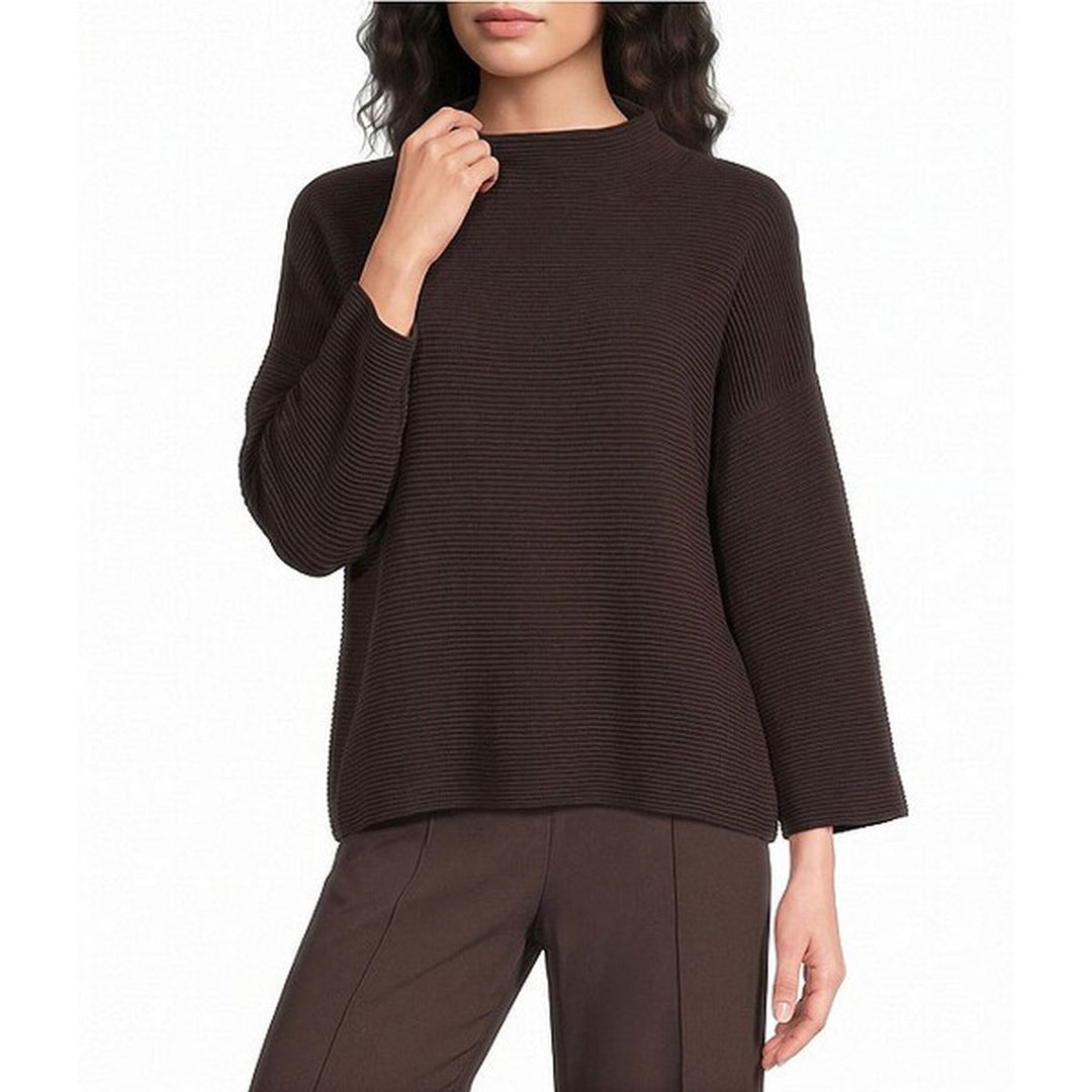 Eileen Fisher coffee-brown funnel neck bracelet sleeve sweater in ottoman knit
