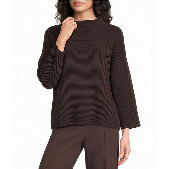 Eileen Fisher coffee-brown funnel neck bracelet sleeve sweater in ottoman knit