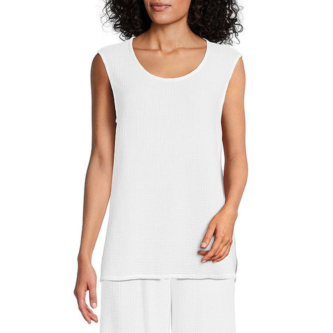 White sleeveless cotton gauze tank top on model, scoop neckline, relaxed fit