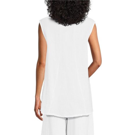 White sleeveless cotton gauze tank top shown from back view on model