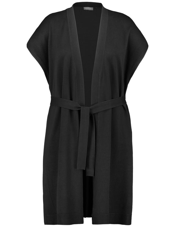 Samoon Knit Long Vest With Cap sleeve & Self Belt in Black