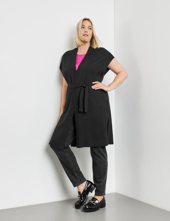 Samoon Knit Long Vest With Cap sleeve & Self Belt in Black