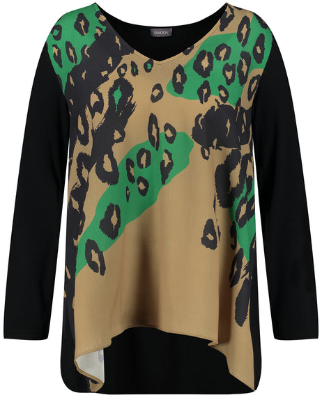Samoon Print V-neck Top with Jersey Sleeve and Back