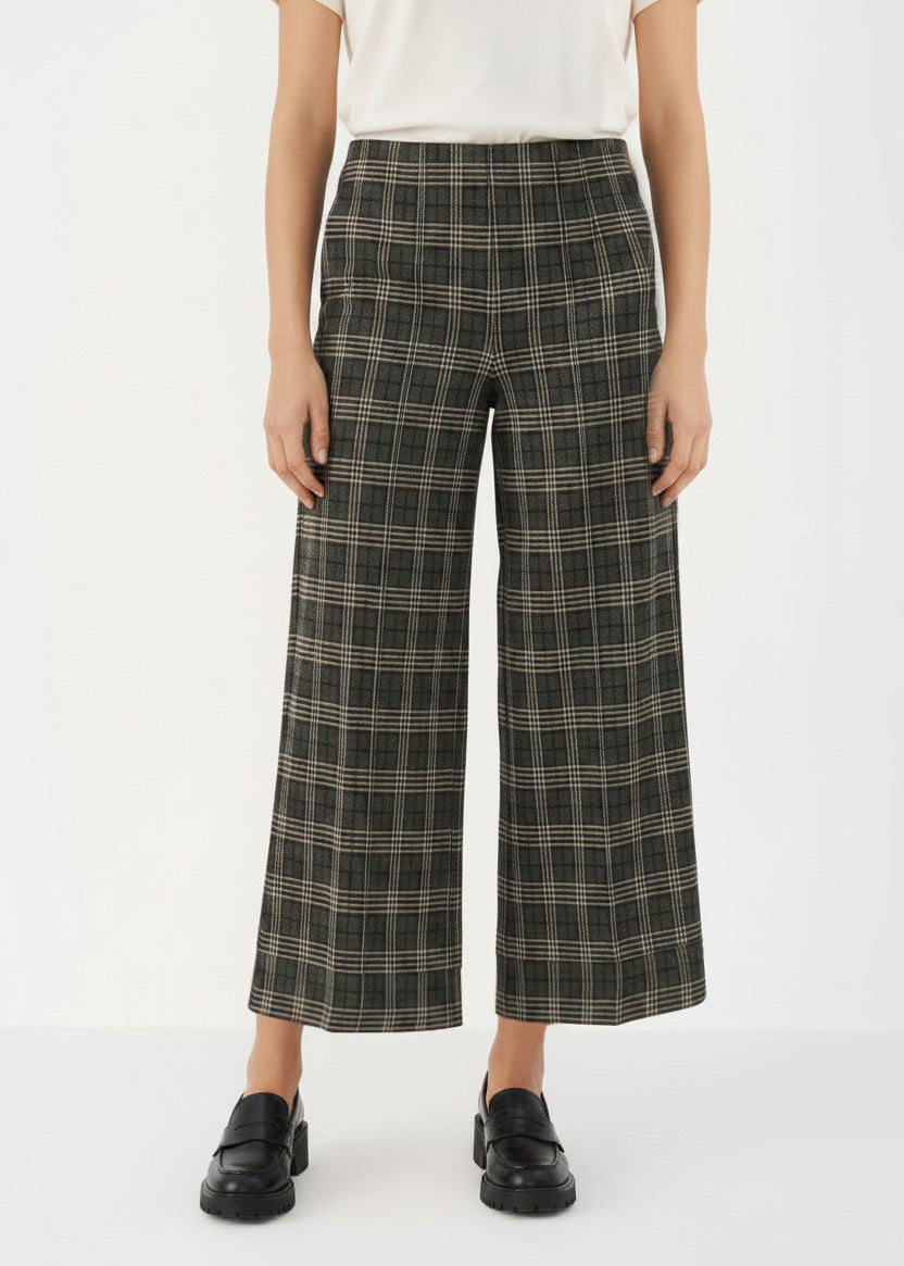 Grey big-check plaid cropped wide-leg pull-on pants with elastic waistband