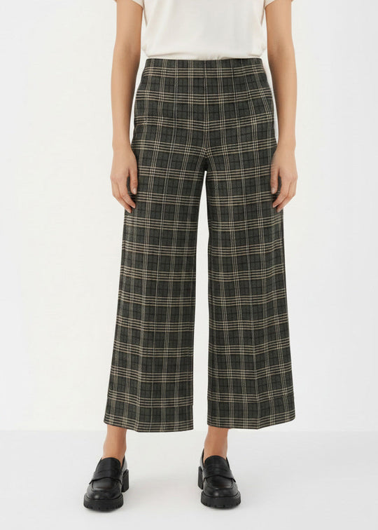 Grey big-check plaid cropped wide-leg pull-on pants with elastic waistband
