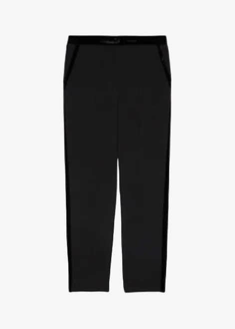 Black crepe tuxedo pants with straight, tapered legs