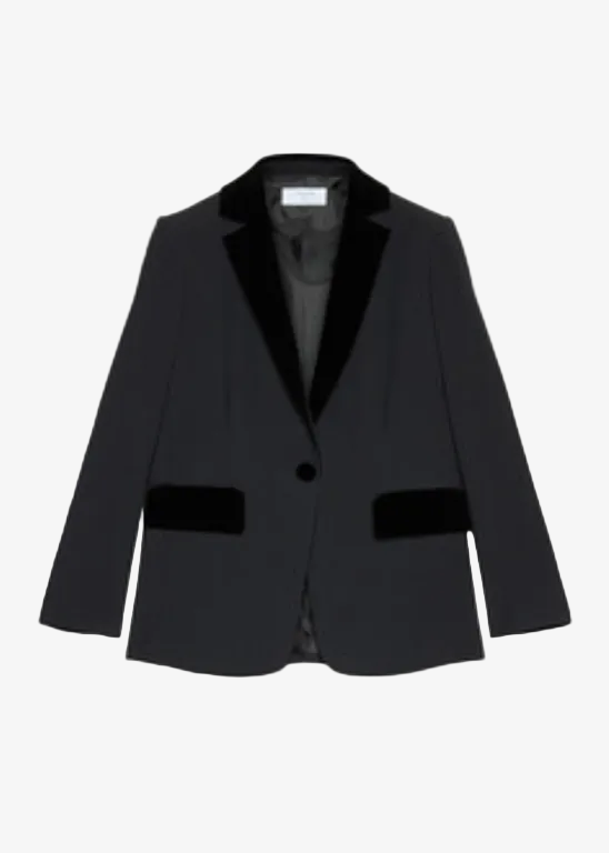 Black tuxedo crepe blazer with velvet lapels and flap pockets, single-button front