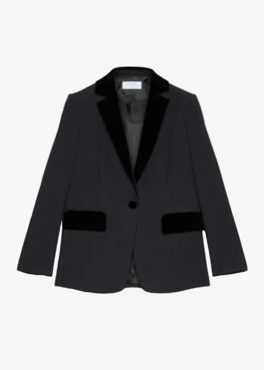 Black tuxedo crepe blazer with velvet lapels and flap pockets, single-button front