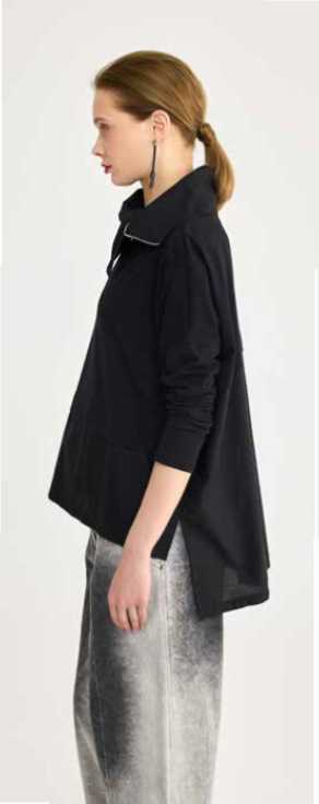 Luukaa Jersey/Cotton Zip Neck Comfort Fit Pullover Top in Black