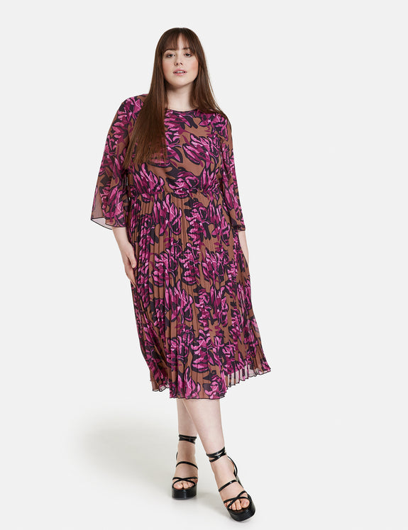 Samoon Plisse Pleated Split Neck Dress with Elastic Cuff Sleeve