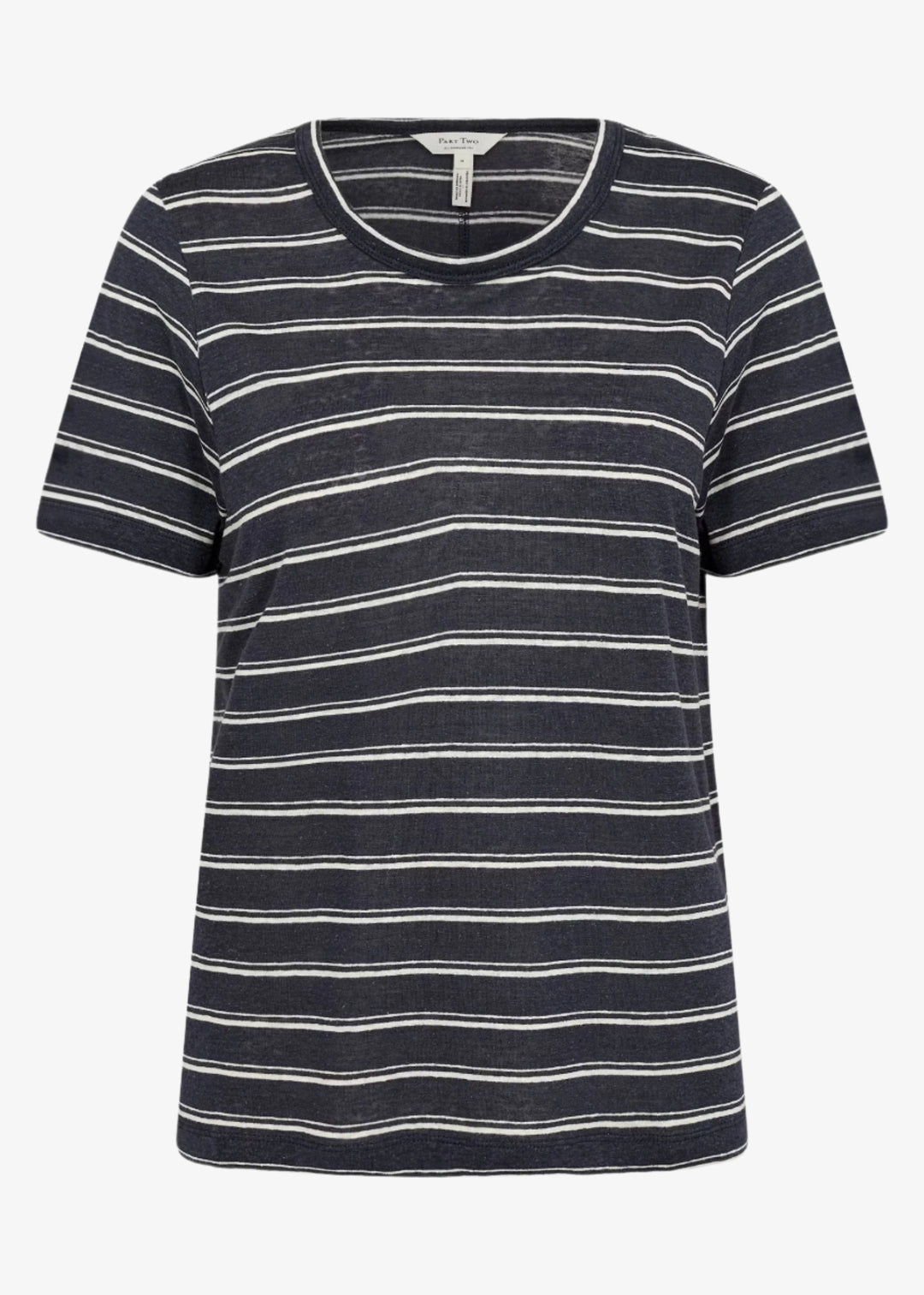 Part Two Nacima Linen/Viscose Print Short Sleeve V-Neck Tee in Midnight Stripe