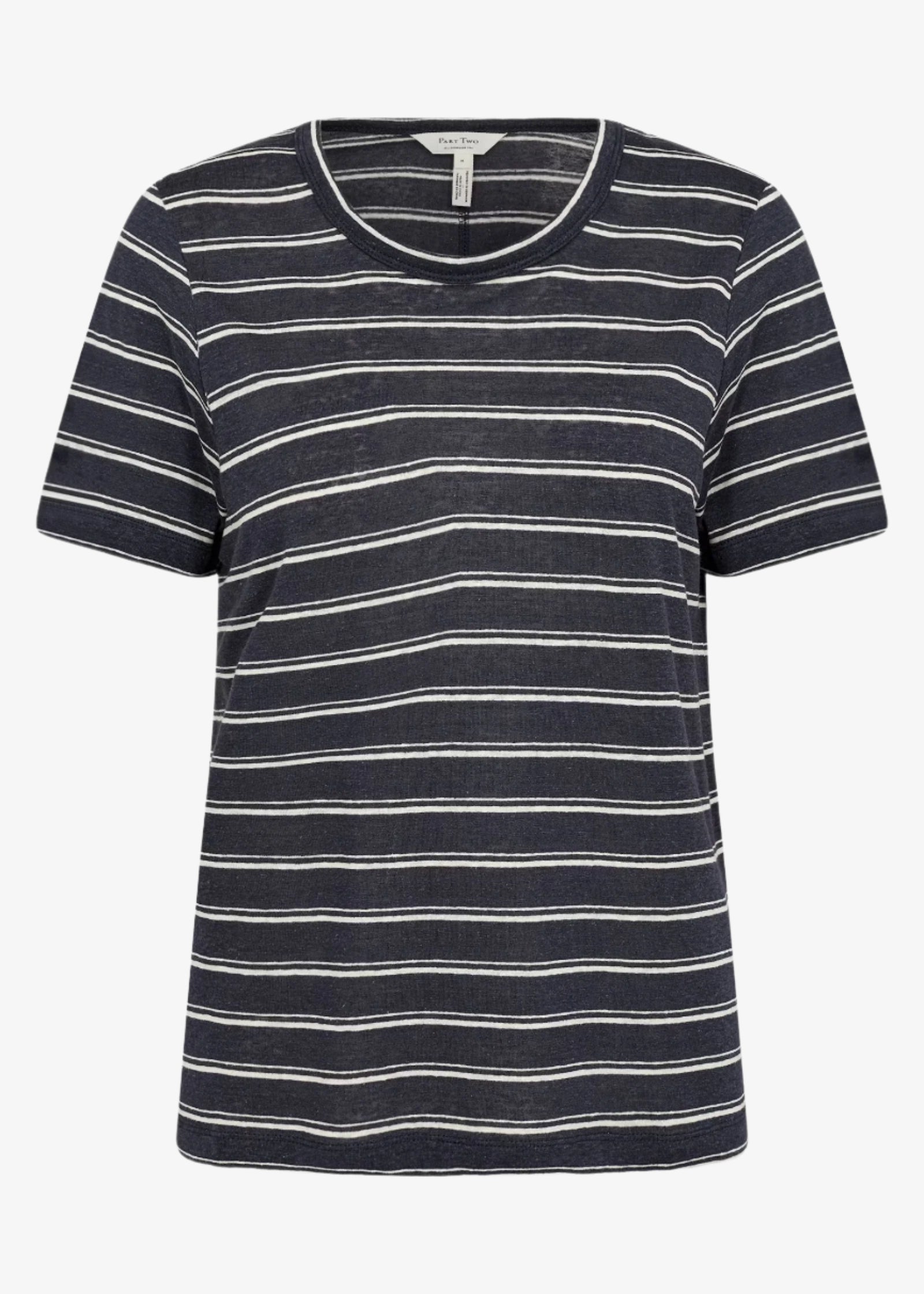 Part Two Nacima Linen/Viscose Print Short Sleeve V-Neck Tee in Midnight Stripe
