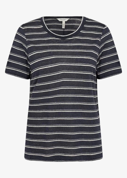 Part Two Nacima Linen/Viscose Print Short Sleeve V-Neck Tee in Midnight Stripe
