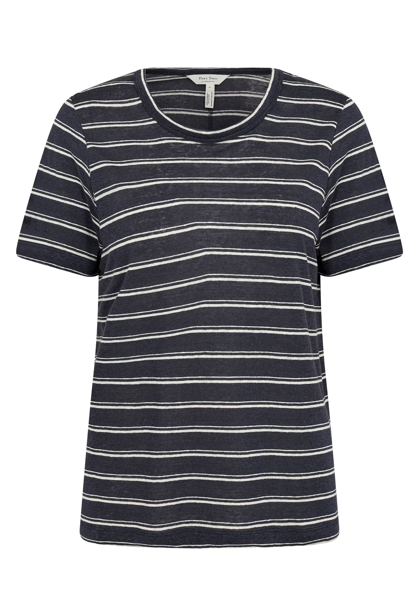 Part Two Nacima Linen/Viscose Print Short Sleeve V-Neck Tee in Midnight Stripe